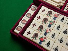 The mahjong on table ancient asian board game close up image photo