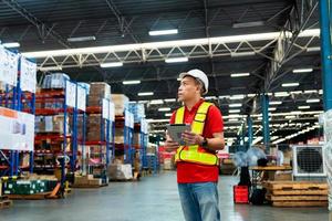 Warehouse Worker in safety suite working with tablet computer to record data the stock inventory in large warehouses, a Smart warehouse management system, supply chain and logistic network photo