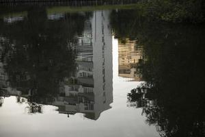 Reflection in puddle. House is reflected in water. photo