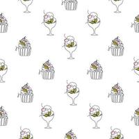 Seamless pattern with continuous line sweet desserts - cake, pie, ice cream. Vector texture on white background. Cute minimalistic illustration for fabric, textile, wrapping, scrapbooking.