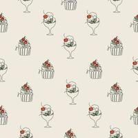 Seamless pattern with line art style desserts - cupcake and ice cream. Vector colorful texture. Cute minimalistic illustration for fabric, textile, wrapping, scrapbooking.