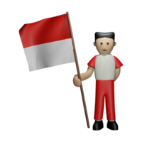 3d illustratie van een man die een Indonesische vlag vasthoudt png