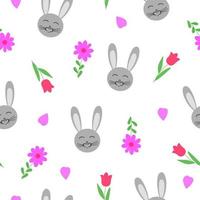 Funny cute bunny, heart, flowers seamless pattern hand drawn in cartoon style, simple images for St Valentine holiday decor, banners, gift paper, children textile, vector illustration