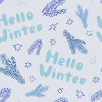 Repeat pattern Christmas floral composition with Hello winter phrase in simple hand drawn cartoon style for greeting cards, invitations, banner vector illustration