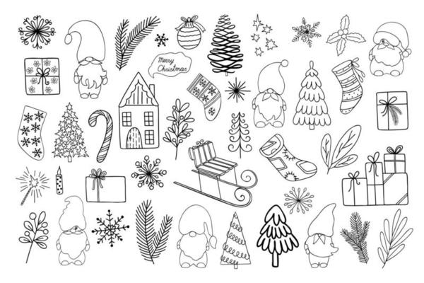 Christmas elements set trees, gifts, stockings, candy cane, snowflakes, gnomes hand drawn in simple outline doodle style for winter holidays greeting cards, invitations, banners, decor, stickers
