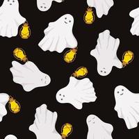 Little cute white ghosts with brightly lit lanterns seamless pattern vector illustration, cute spooky simple flying fairy tale creatures, for Halloween holiday celebrations textile, gift paper
