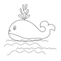 Cute funny whale marine animal simple hand drawn outline vector illustration, wild ocean creature funny character for coloring page, kids design, nursery, poster, greeting card, home decor