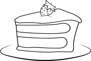 A piece of cake with strawberries drawn by hand. Vector black and white illustration.Birthday cards, posters, recipes, culinary design, children's coloring books. Beautiful vector illustration.