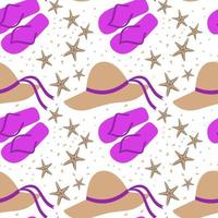 Vector seamless pattern with flip-flops, hat and starfish. Beach accessories for recreation. It is used for web design, packaging, wallpaper, textiles, advertising, postcards, books, marketing.
