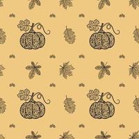 Seamless black and white pattern with pumpkins and autumn leaves. Autumn illustration for Halloween.An idea for magazines, wrapping and wrapping paper, notebook covers, diary and albums. vector