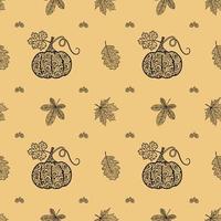 Seamless black and white pattern with pumpkins and autumn leaves. Autumn illustration for Halloween.An idea for magazines, wrapping and wrapping paper, notebook covers, diary and albums. vector