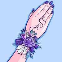 The hand of a bridesmand having a blue and violet floral corsage on her wrist. Wedding conceptual art with flowers, ribbons, leaves and summer berries. Manicure with an unique ring. vector