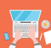 Minimal Illustration Of Working On A laptop Keyboard Hands Pen Notebook Smartphone Concept Graphic Business office photo