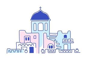 Santorini island, Greece. Beautiful traditional architecture and Greek Orthodox churches. The Aegean sea. Advertising card, flyer. Vector linear illustration in doodle style
