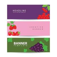 conjunto de banners horizontales con tres bayas y frutas ilustración vectorial vector