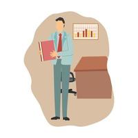 Confident businessman standing cross-legged leaning on a table with business process and infographics on background. Business charts and diagrams. Vector illustration.