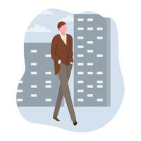 Vector illustration concept of search of work flat style. The young man, a student stands with his back to us and looking for a job modern building city background