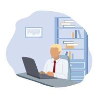 Businessman sitting at desk working on computer in office. Office worker working paperwork. Computer on table. Vector illustration in flat style