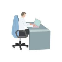 hombre de negocios con traje mirando la pantalla y pensando en resolver el problema. un hombre que trabaja en una computadora en la oficina. ilustración vectorial aislado en blanco vector