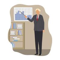 Businessmen in formal suits stand near the flip chart and point to the charts and diagrams. Creative business concept. Reliable businessman. Modern vector illustration. Flat design.
