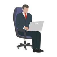 Person work with laptop through internet. Freelance worker working online. Freelancer sitting in chair and typing smth with computer on laps. Flat vector illustration isolated on white background