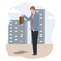 Unlucky business man walking in the rain, He holding bag in his hand. Sadness person has a cold and he is weary. Character flat design vector illustration.