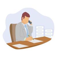 Funny man signing contract and arranges business meeting - vector simple illustration.