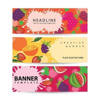 Fresh fruits and berries banners. Vector illustration with tropical summer fruits.