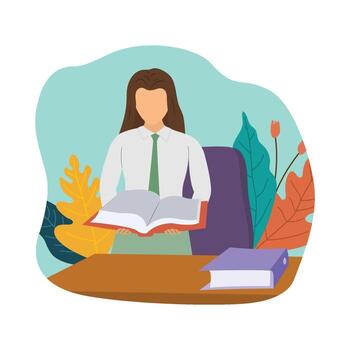 Asian office worker working with documents. Young office worker sitting at the table with documents. Office worker inspecting documents. Vector flat design illustration isolated on white background.