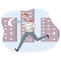 Businessman run holding a lot of documents in his hands. Concept of busy businessman. Vector illustration.