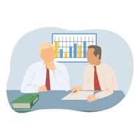 dos hombres de negocios hablando discutiendo, hombres de negocios chateando sentado oficina concepto comunicación plana vector ilustración