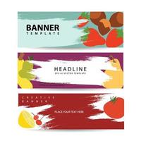 Set of three horizontal berries and fruits banners with colorful images of natural fruit slices with text vector illustration