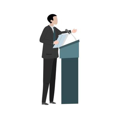 Orator. Silhouette protruding speaker with wide beautiful hand gestures stands behind a podium with microphones. Presentation and performance before an audience. Vector. Icon.