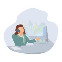 business woman sitting at workplace desk front view business man using computer while talking on landline phone working process concept creative office interior flat horizontal vector