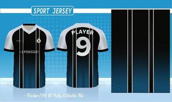 Blue, black, and white t-shirt sport design template for soccer jersey, football kit and tank top for basketball jersey. Sport uniform in front and back view. Tshirt mock up for sport club.