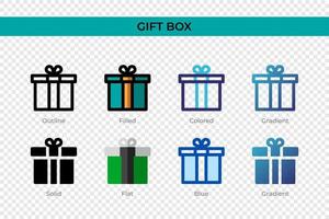 icono de caja de regalo en un estilo diferente. iconos vectoriales de caja de regalo diseñados en contorno, sólido, coloreado, relleno, degradado y estilo plano. símbolo, ilustración de logotipo. ilustración vectorial vector