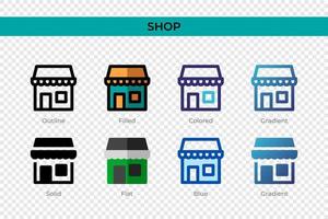 Shop icon in different style. Shop vector icons designed in outline, solid, colored, filled, gradient, and flat style. Symbol, logo illustration. Vector illustration