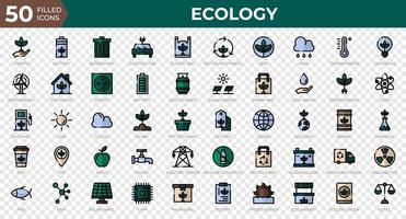 Set of 50 Ecology web icons in filled outline style. Recycling, biology, renewable energy. Filled outline icons collection. Vector illustration