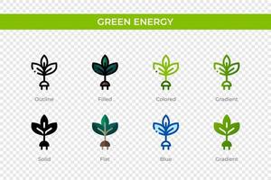 ícono de energía verde en un estilo diferente. iconos vectoriales de energía verde diseñados en contorno, sólido, coloreado, relleno, degradado y estilo plano. símbolo, ilustración de logotipo. ilustración vectorial vector