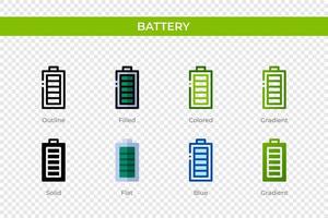 Battery icon in different style. Battery vector icons designed in outline, solid, colored, filled, gradient, and flat style. Symbol, logo illustration. Vector illustration