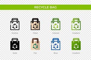 icono de la bolsa de reciclaje en un estilo diferente. iconos vectoriales de bolsa de reciclaje diseñados en contorno, sólido, coloreado, relleno, degradado y estilo plano. símbolo, ilustración de logotipo. ilustración vectorial vector