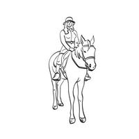 mujer montando a caballo ilustración vectorial dibujada a mano aislada en el arte de línea de fondo blanco. vector