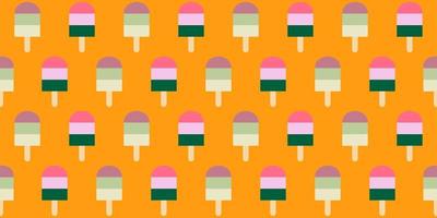 Vector illustration of colorful ice cream bright pattern on a pastel yellow background. Hand drawn line art design for web, site, advertisement, banner, poster, board and print.