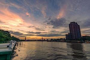 The evening sky over the bridge over the river photo