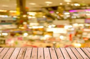 Blurred bokeh wood table photo