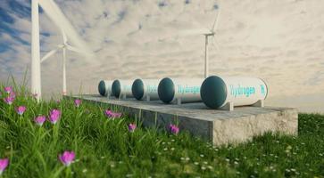 hydrogen storage on small hill with beatiful landscape, green power and nature freindly photo