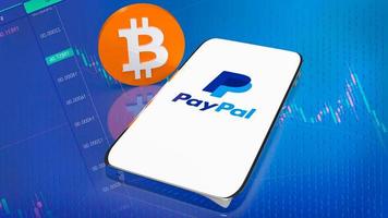 The smart phone PayPal  on screen and bitcoin 3d rendering. 9 June 2022, bangkok, Thailand photo