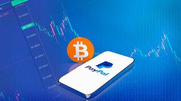 The smart phone PayPal  on screen and bitcoin 3d rendering. 9 June 2022, bangkok, Thailand photo
