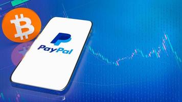 The smart phone PayPal  on screen and bitcoin 3d rendering. 9 June 2022, bangkok, Thailand photo