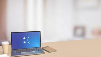 The laptop on wood table showing  blue screen error   3d rendering photo